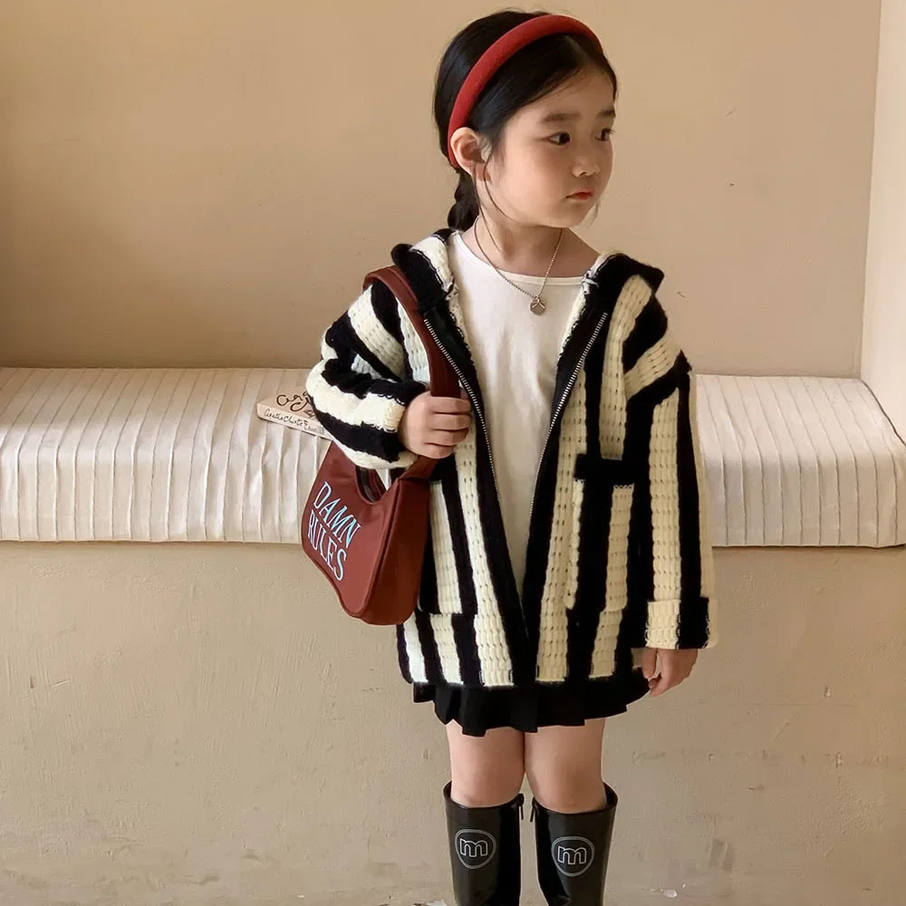 

Hooded Sweater Girls Coat Lovely 2023 Spring Autumn New Korean Version Striped Casual All-match Hooded Kids Tops for Girls