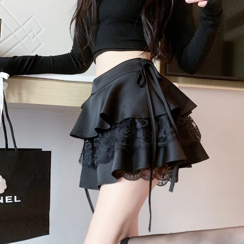 Gothic Sexy Ruffle Tiered Skirts Women Cute Lolita Style Lace Cake Skirt Girl Kawaii Clothes High Waist Solid A-Line Mini Skirt