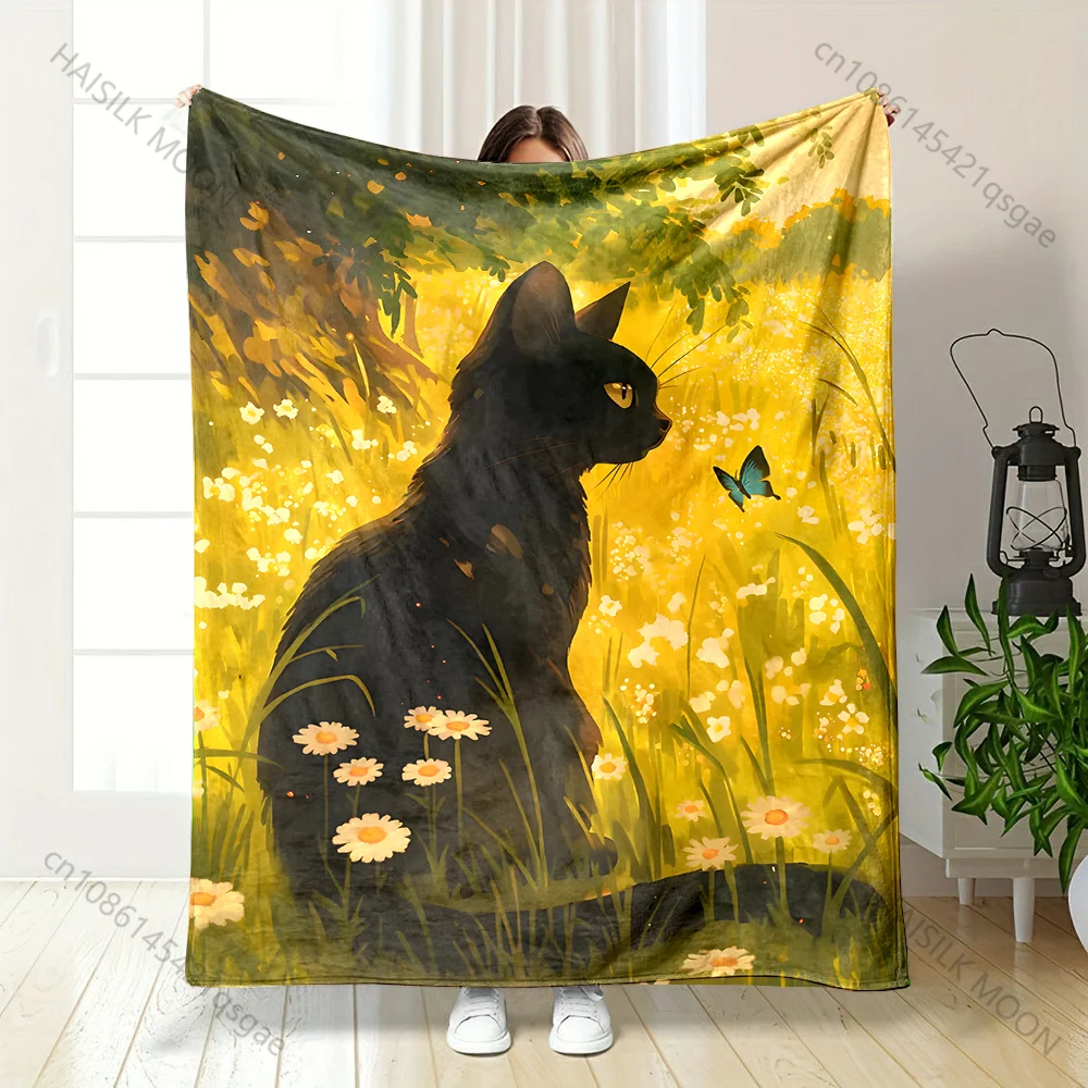 

Black cat butterfly sunny meadow daisies Print Blanket Warm Soft Fluffy Kids and Adult Sofa Bed Throw Outdoor Travel Camping