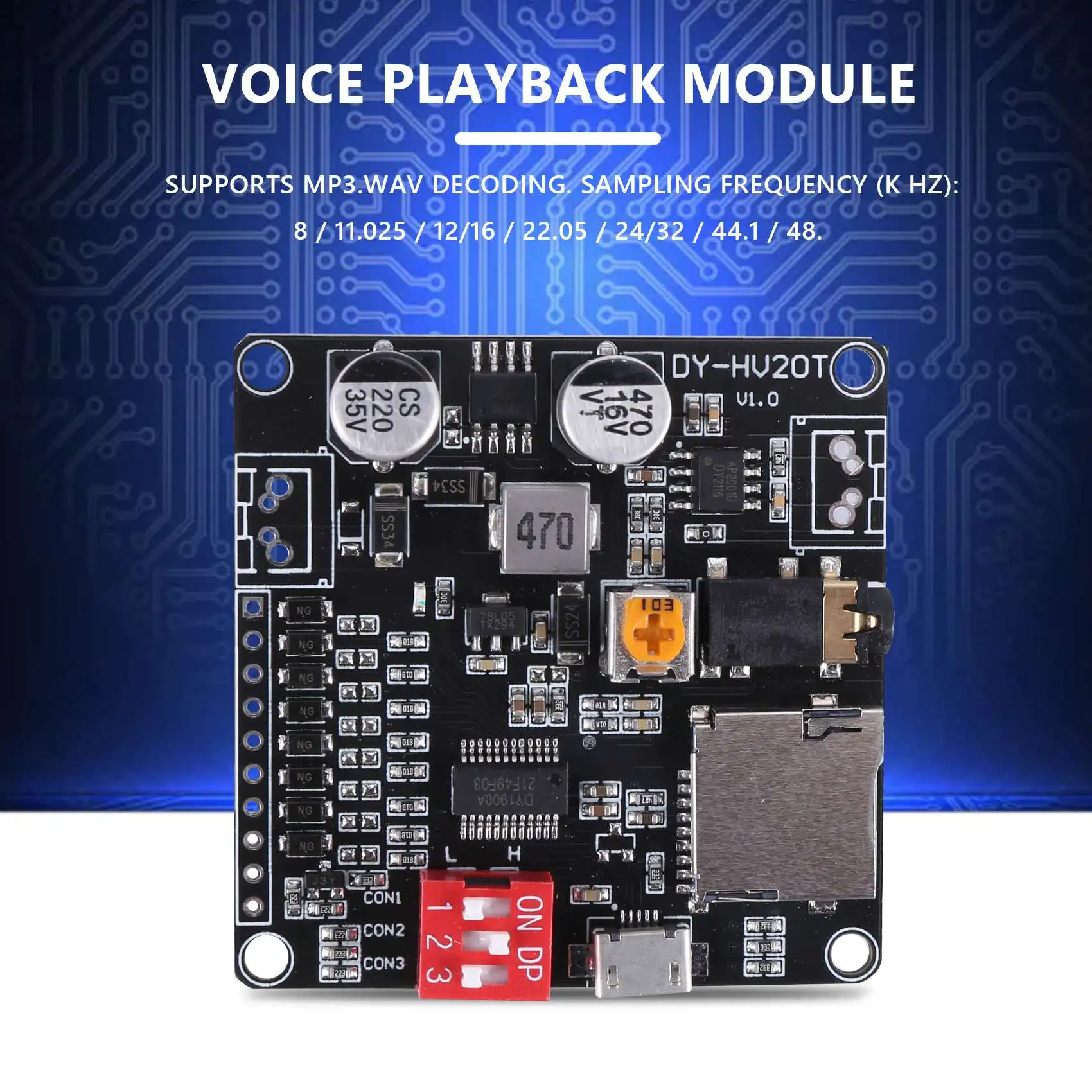 DY-HV20T 12V/24V Netzteil10W/20W Sprachwiedergabemodul, unterstützt Micro-SD-Karte, MP3-Musik-Player für Arduino