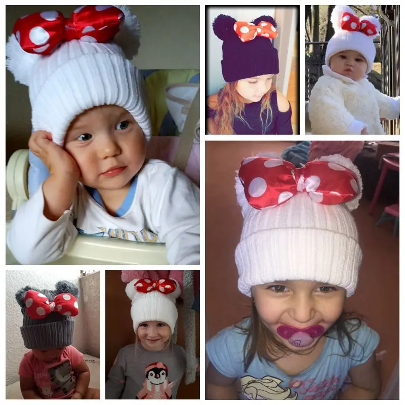 Cute Dot Bow Baby Hat Double Pompom Kids Girls Cap Knitted Autumn Winter Warm Beanie Solid Color Balls Toddler Hats Bonnet