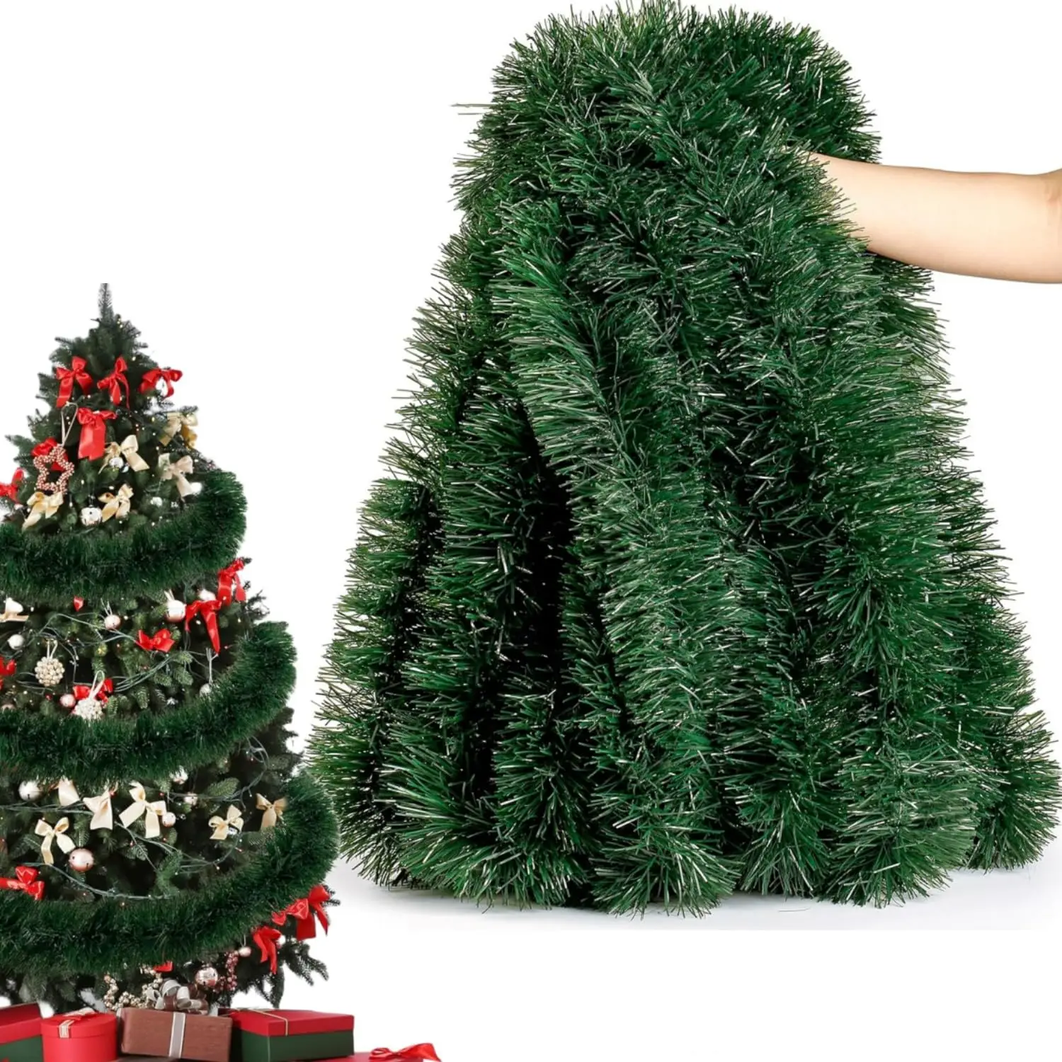 Sggvecsy 49.2Ft Christmas Green and White Tinsel Garland Xmas Tree Decorations Christmas Metallic Twist Garland Ceiling Hanging