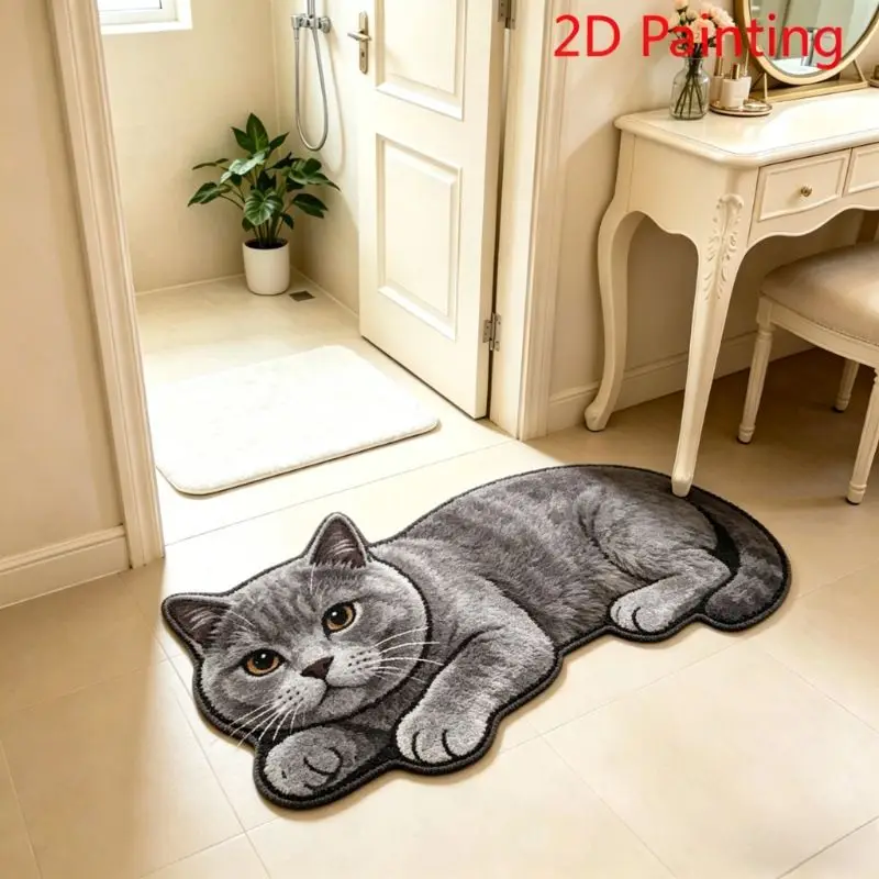 VIKAMA Lovely Gray Cat Irregular Shape Non Slip Welcome Doormat Quick Dry Anti Slip Bathroom Entry Carpet Home Decor
