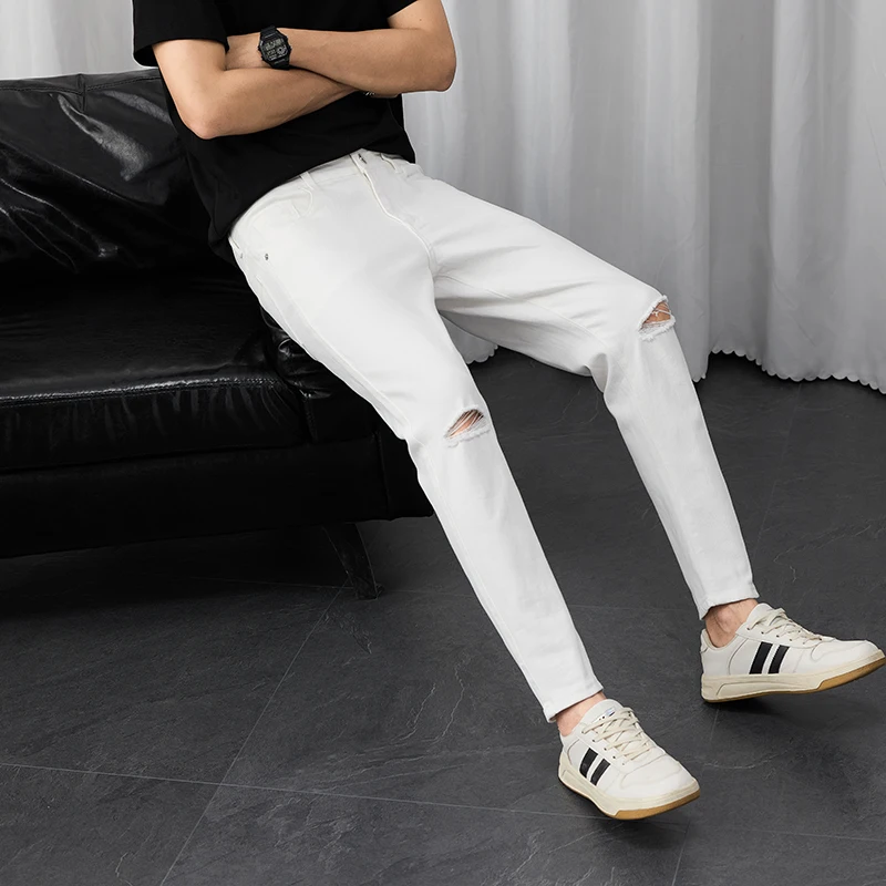 

Мужские повседневные джинсы классического кроя, облегающие, однотонные, с рваными элементами и дырками на коленях, модные летние тонкие брюки в уличном стиле