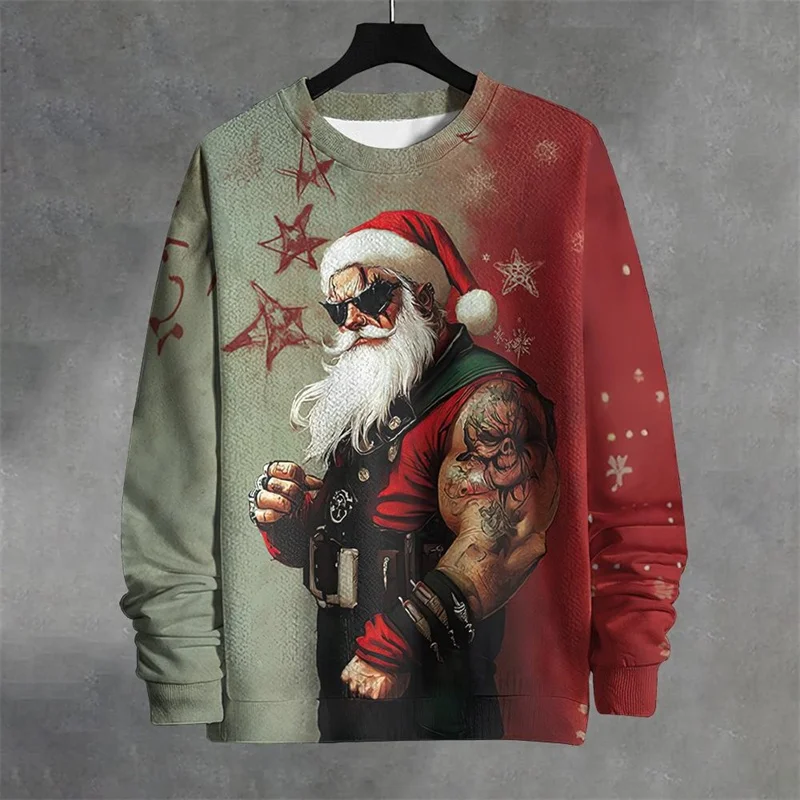 Funny Santa Claus Pattern Sweatshirts For Men Christmas 3D Printed Pullover Autumn Oversized O-Neck Hoodies Long Sleeves y2k Top