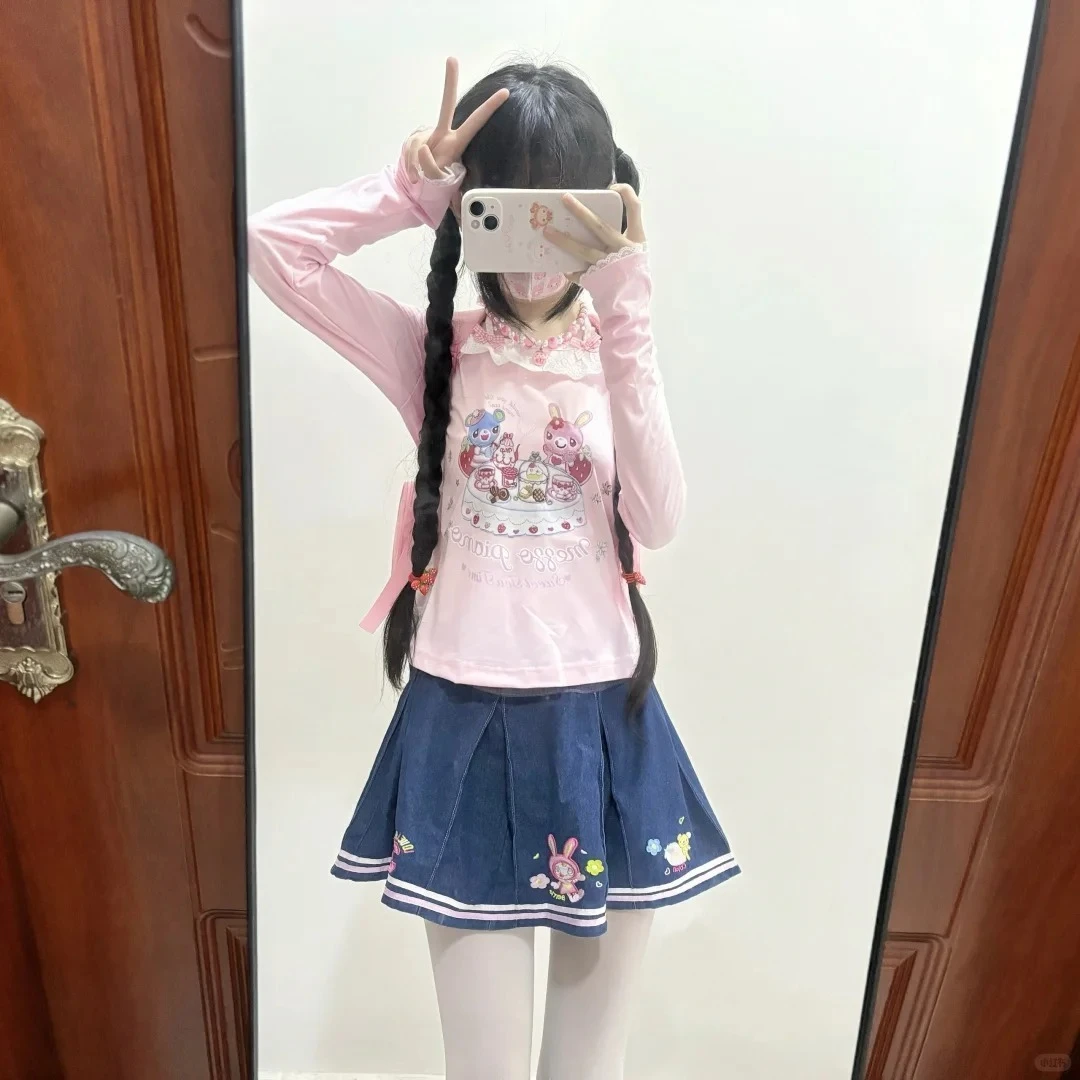 

Japanese Sweet T-shirt Cartoon Print Long-Sleeve Top Fake Two-piece Tees Women Casual Harajuku Spring Fashion Tops Streetwear