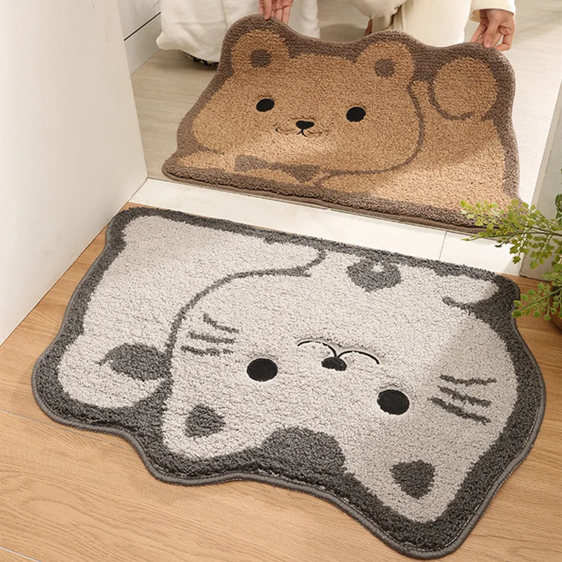 Cartoon Cat and Bear Shaped Bath Mat Flocked Absorbent Bathroom Floor Mat Quick-drying Non-slip and Wear-resistant Doorstep Mat