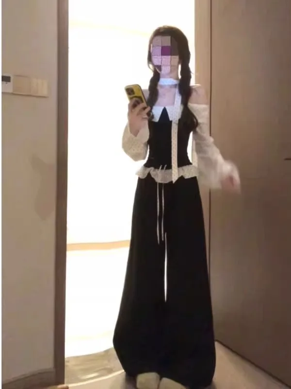 

Korean Style Unique Beautiful One Shoulder Top Wide Leg Pants Two Piece Set Complete Ootd Spring 2026 Fashion Women's Ensemble