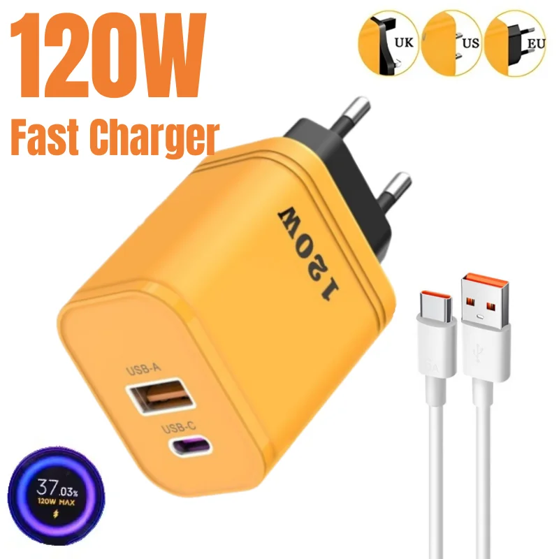 Зарядное устройство 120 Вт, быстрая зарядка, USB-A, USB-C, адаптер питания с вилкой ЕС/США/Великобритании, портативная дорожная зарядка для Huawei Sumsang iPhone, новинка 2025 г.