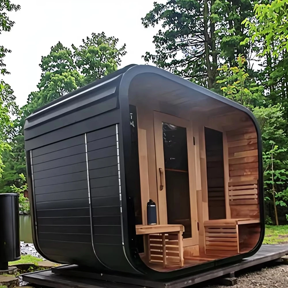 A Luxurious Square Outdoor Sauna With Modern Design