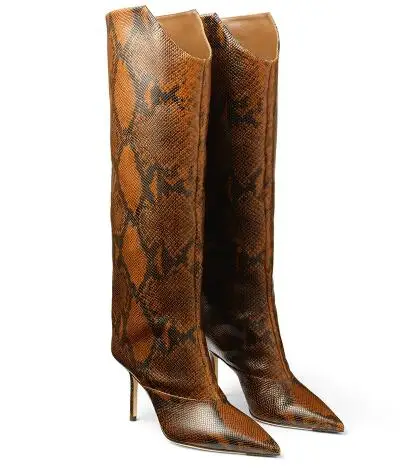

Brown Python Snakeskin Pattern Pointed Toe Knee High Boots Autumn Women Tube Slip On Modern Run Way High Heel Long Boots