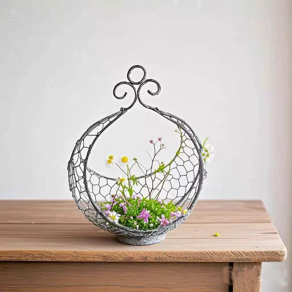 Rustic Gray Wire Mesh Egg-Shaped Wall Hanging Planter Basket, Japanese ZAKKA Style, Hand-Woven Iron with Decorative Scroll Top,
