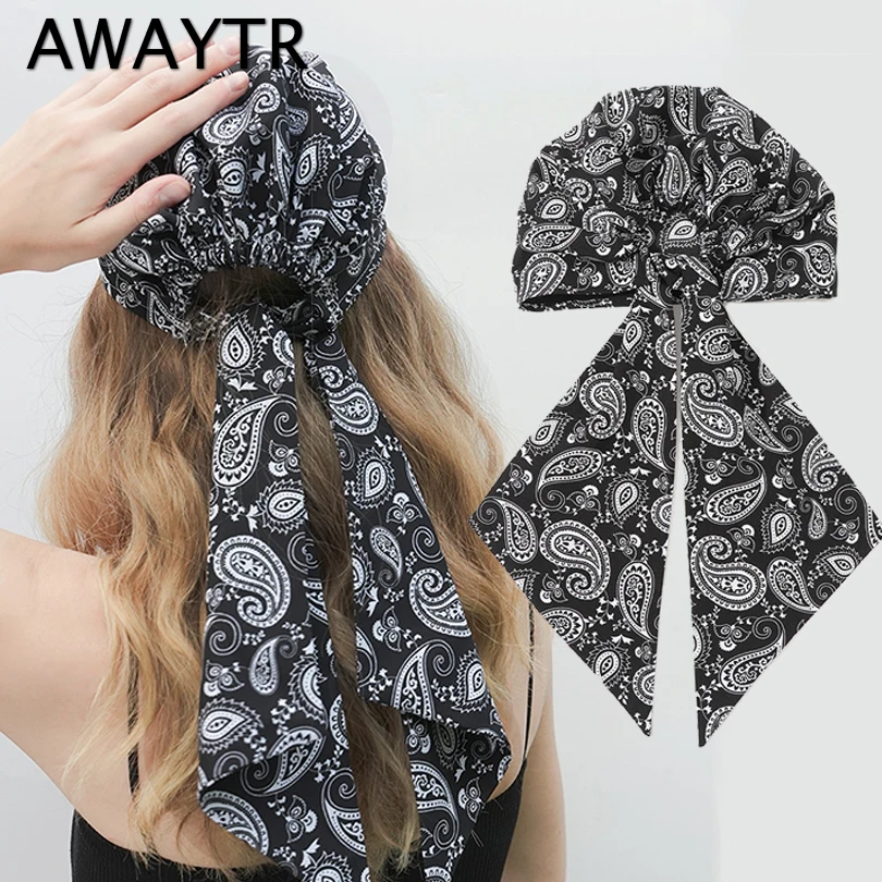 AWAYTR Bohemia Printed Satin Silk Hat Cap Hijab Scarf Headband Women Hat Turban Cap Silky Bonnet Head Scarf Elastic Hair Band