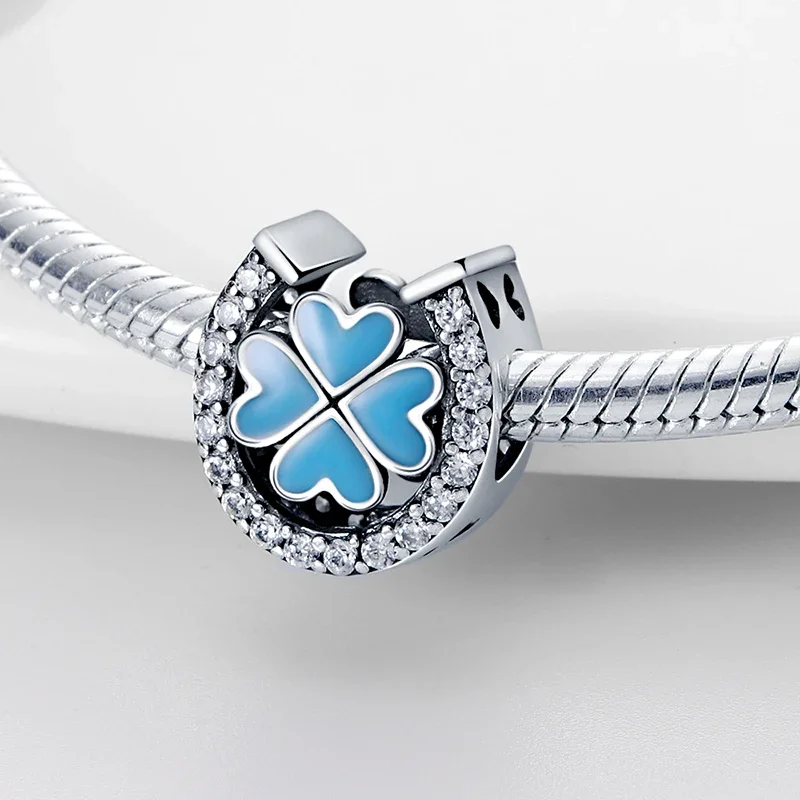 Original-Charms aus 925er Silber, vergoldet, Herz, vierblättriges Kleeblatt, Glückssymbol, Perlen für Armbänder, Damenschmuck, DIY-Geschenk