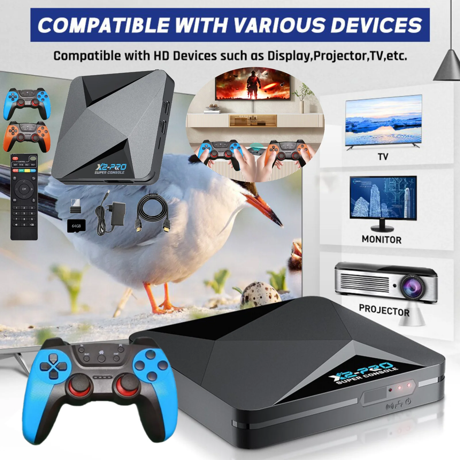 

X2 PRO Retro Video Game Console TV Box with 2 Gamepads 60+ Game Emulators 2.4G/5G BT 4.3 for DC/Arcade/MAME/ for Saturn Game Box