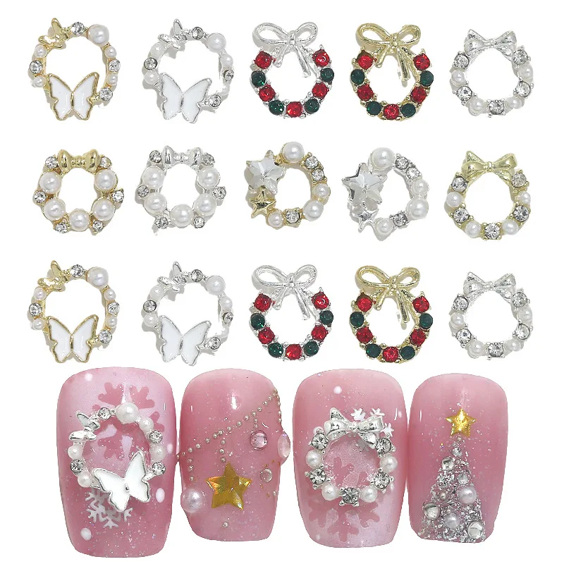 ‌ 10개 글리터 펄 다이아몬드 크리스마스 리스 네일 장식 리본 디자인 액세서리 공급 휴일 매니큐어