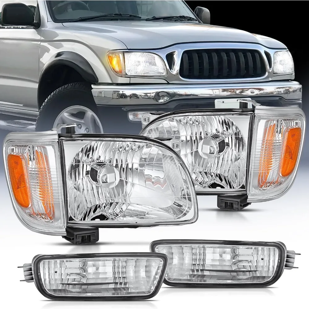 

Headlight Assembly Compatible with 2001 2002 2003 2004 Toyota Tacoma Replacement Headlamp Chrome Housing Amber Reflector Driver