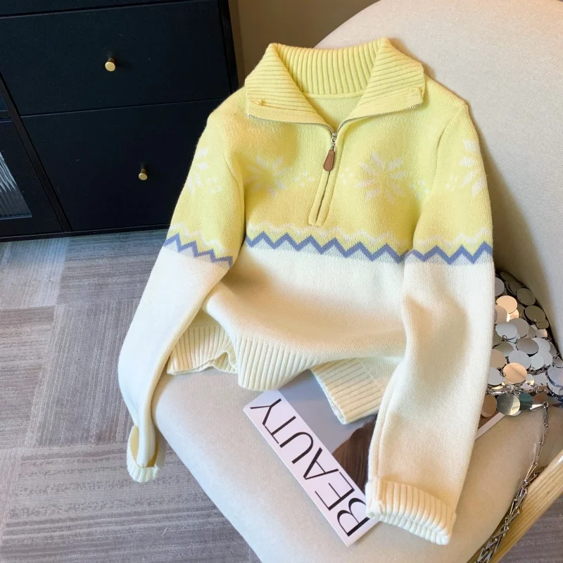 

Women's Yellow Collar Long Sleeve Sweater Y2K Japanese Harajuku High Street Aesthetics College Retro Winter Sweater Clothing New