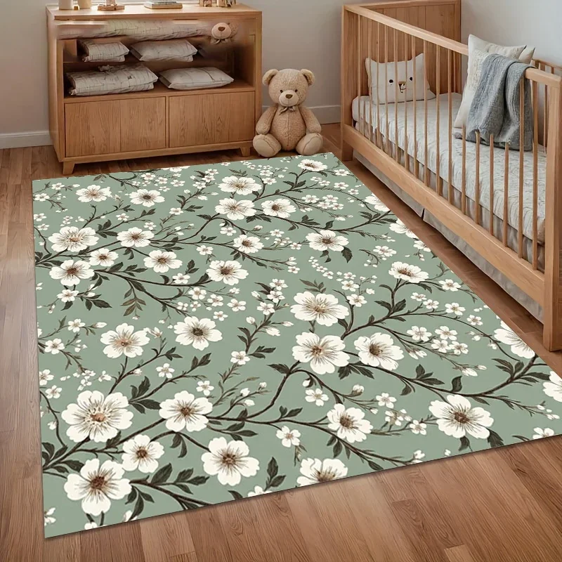 Green Floral Area Rug White Blossom Pattern Non Slip Floor Mat for Living Room Bedroom Botanical Home Decor Carpet