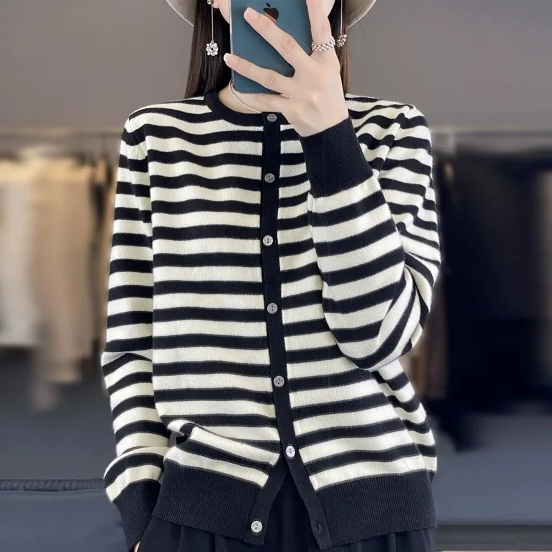 سترة نسائية مخططة طويلة محبوكة مفتوحة من الأسفل سترة خارجية مستديرة Ne فضفاضة للخريف والشتاء غير رسمية للعمر...