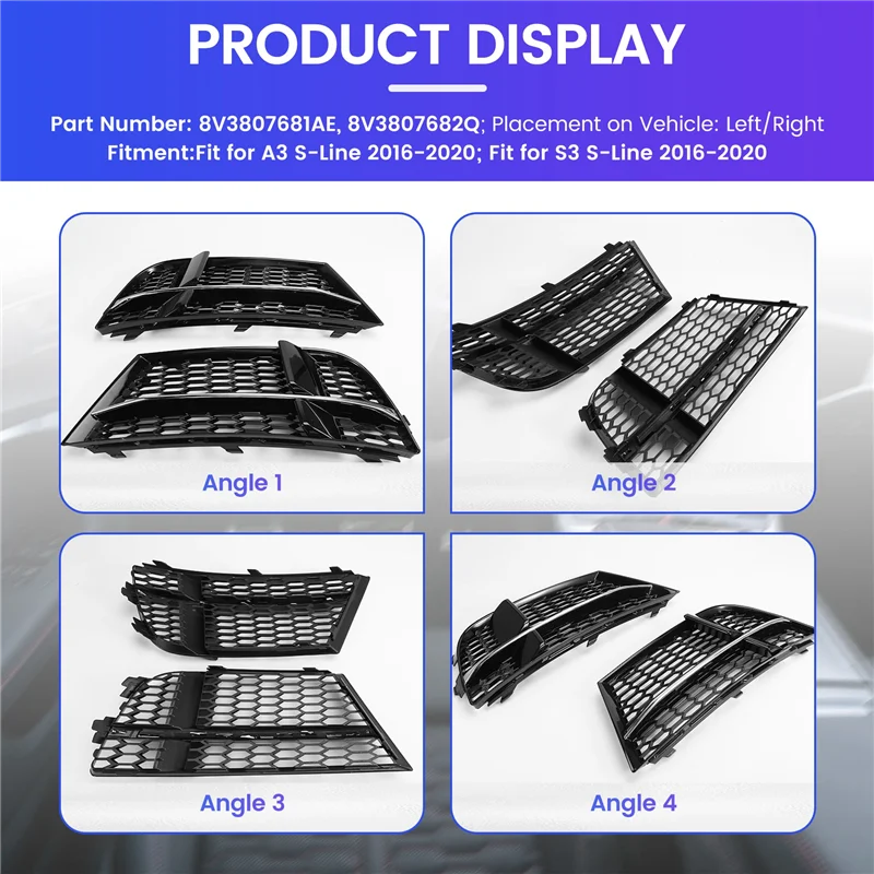 

Front Bumper Fog Light Mesh Grille Cover For A3 S3 S-LINE 2016-2020 8V3807681AE 8V3807682Q-ABQF