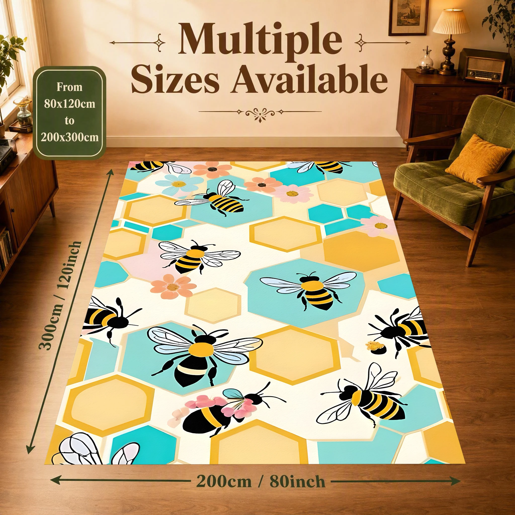 2D Large Carpet Cartoon Bee Hive Flower Fresh Bright for Living Room Bedroom Bedside
