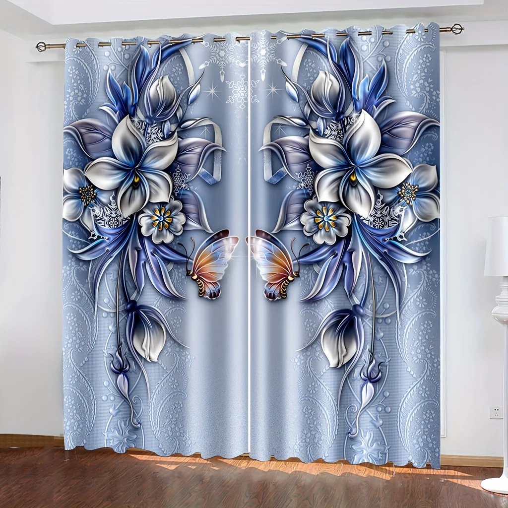 2pcs 3D Digital Printed Retro Blue Garden Flowers Digital Printing Curtain Living Room Curtains Grommet Top Curtains Living Room