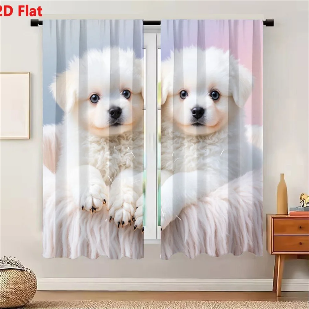 2Pcs Curtains 2D Flat Two Fluffy White Puppies With Light Brown Cheeks Ears Curly Fur Blue Eyes Black Noses Sitting On Light Pin