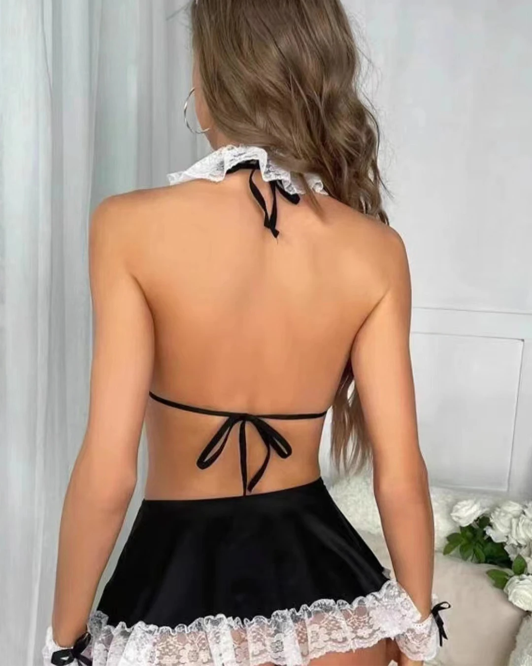 Ellolace Halloween Lingeries Sexy Hot Maid Cosplay Bra Skirt Thong 3PC with Accessories Cute Contrast Color Lolita Party Costume