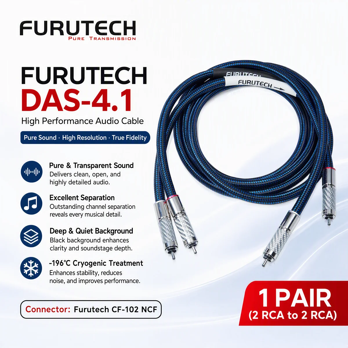 Japan FURUTECH DAS-4.1 Flagship HiFi Interconnect Cable Assembled With Furutech CF-102NCF RCA Plug Audiophile Audio Signal Cable