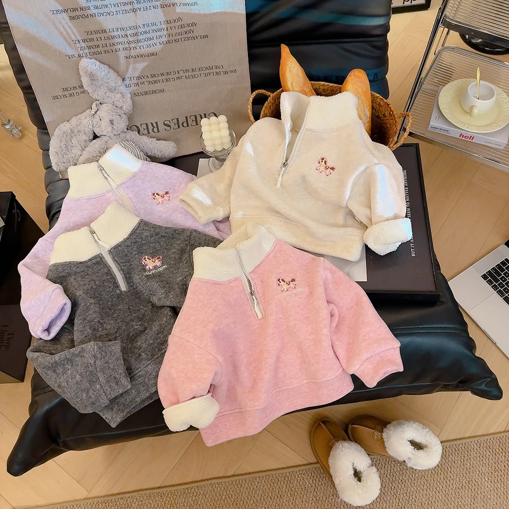 Girls' Autumn Clothes 1-7T Kids' Outerwear and Coats Embroidered Pony Children Coat Fleece Lining Jacket for Girls