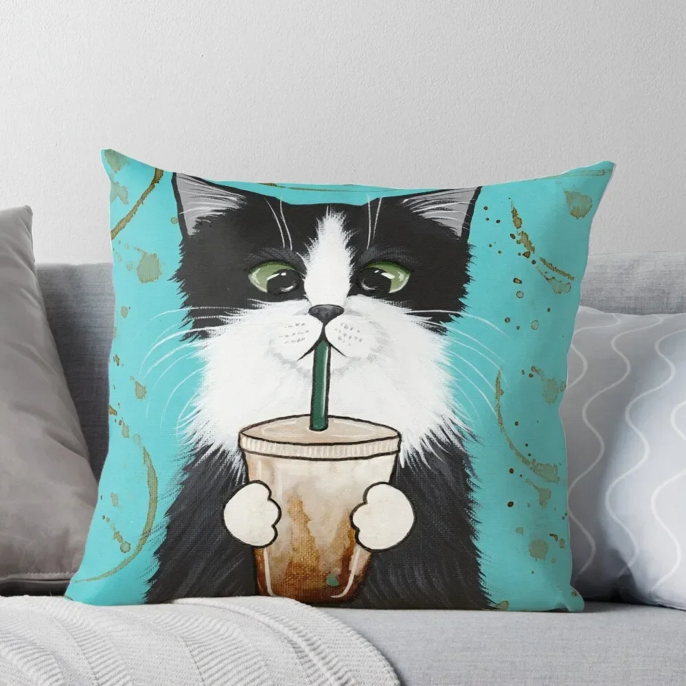 Tuxedo Cat with Iced Coffee Throw Pillow Christmas Pillowcase christmas ornaments 2024 Pillow