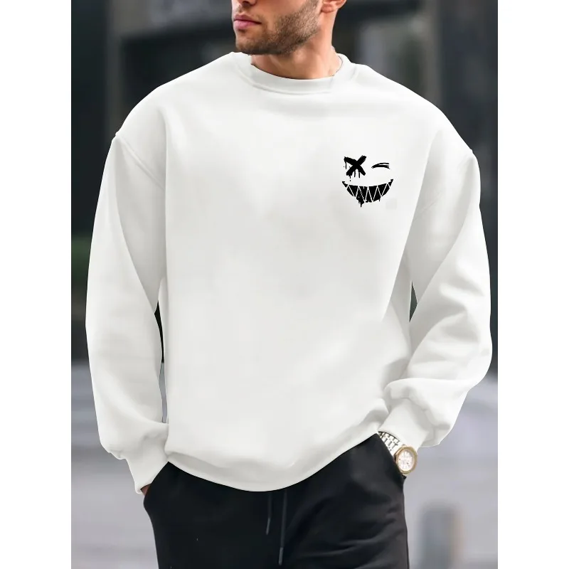 Moletom masculino de outono e inverno, quente, casual, solto, moderno, clássico, com estampa de rosto sorridente, manga comprida e gola redonda.
