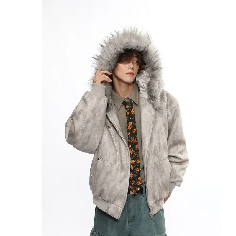 American Fashion New Heavy Industry Thick Fur Collar Hooded Structure Cotton-padded Women Y2K Retro Harajuku Casual Couple Caot