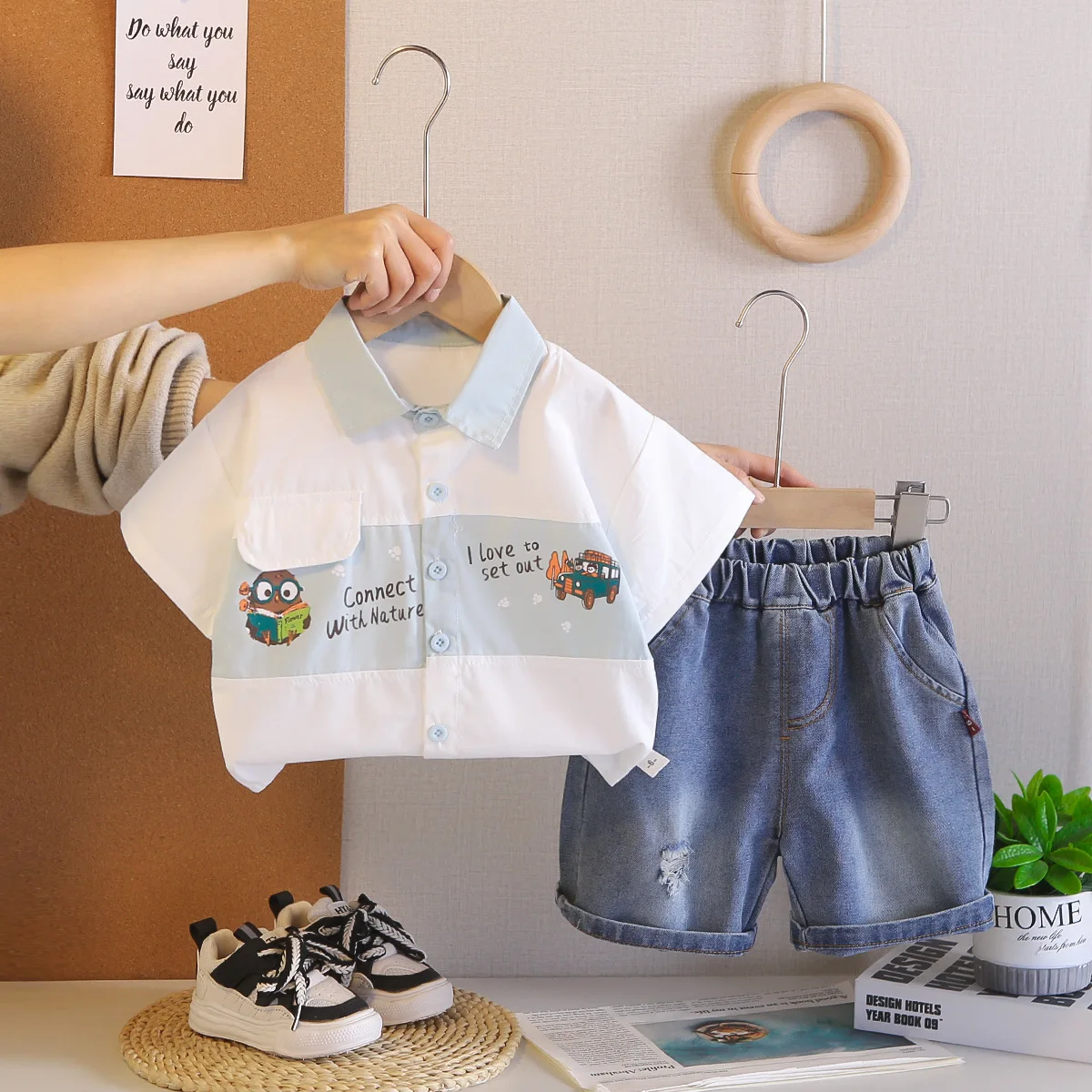2026 New Kids 2Pcs Summer Outfit Baby Boys Cartoon Print Color Block Shirt & Denim Shorts Set Casual Toddler Clothing 1-5 Years