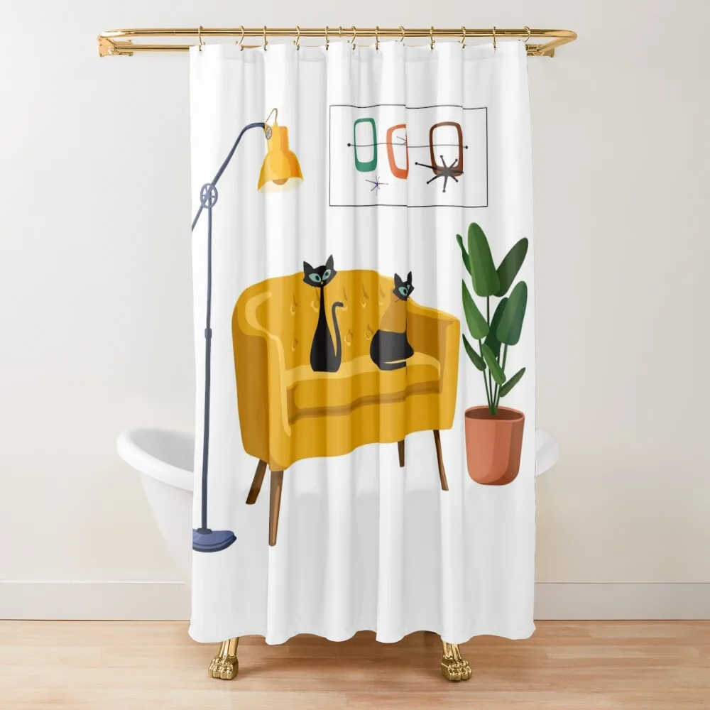 

Mid Century Cats on Yellow Retro Sofa Shower Curtain Anime Bathroom Window Accessories For Shower And Services Curtain