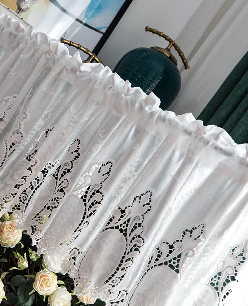 Japanese Geometry Hollow Short Curtains Living Room Korea White Lace Tulle Half Curtains for Kitchen Coffee Short Curtain #A176