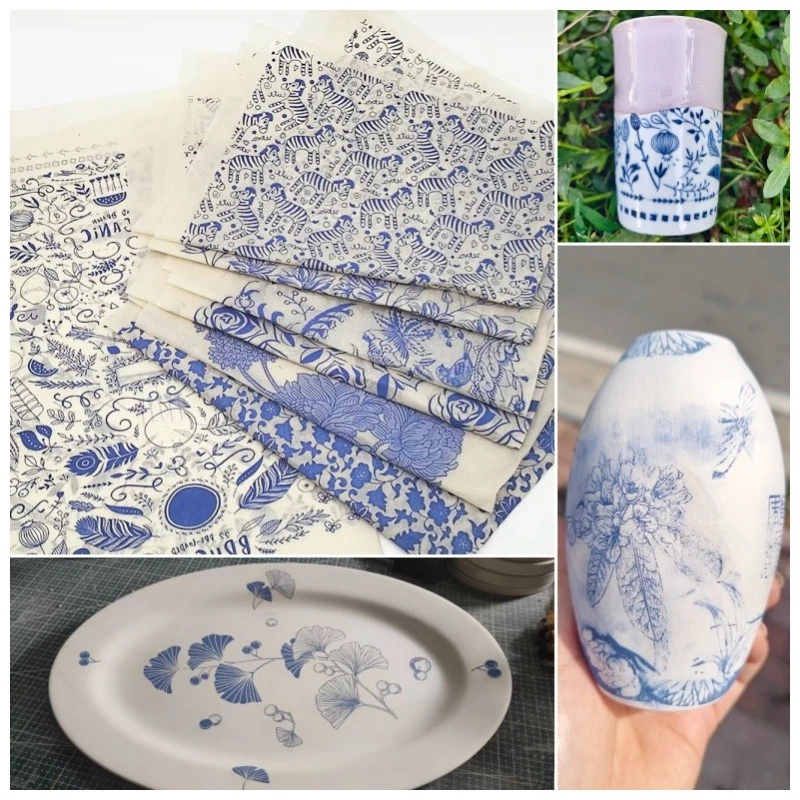 Underglaze Blue Flower Ceramic Decal Paper Pottery DIY Coloring Tool Water Transfer Sticker for Handmade Porcelain Craft