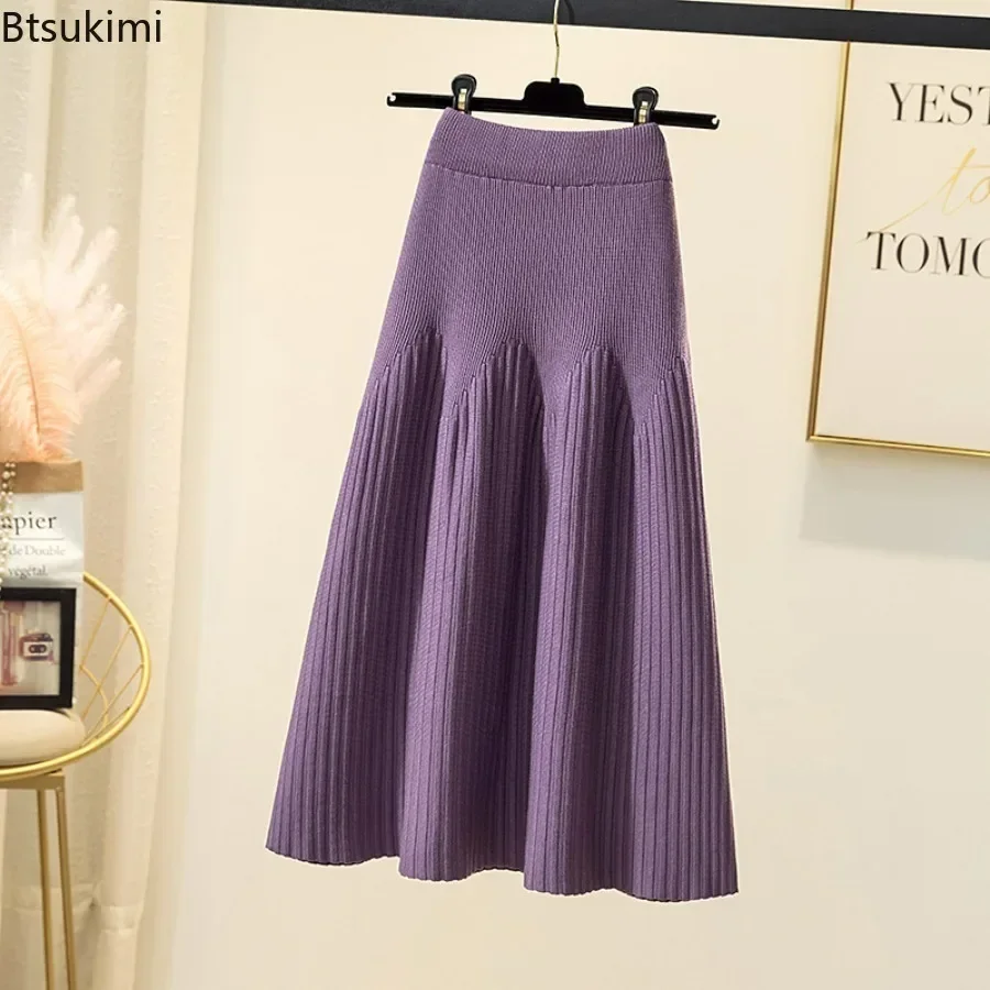 2025 Women's High Waisted Thickened Knitted Skirt Mid-length Wool Skirt All-match A-line Long Skirt Autumn Winter Skirts Female