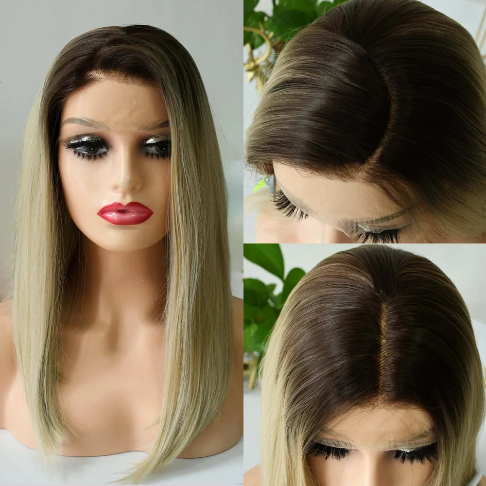 

Короткий парик шнурка Ombre Blonde Wig Lace Frontal Wig Straight Bob Wigs HD Pre Plucked 13x4 Lace Front Wigs Синтетический парик