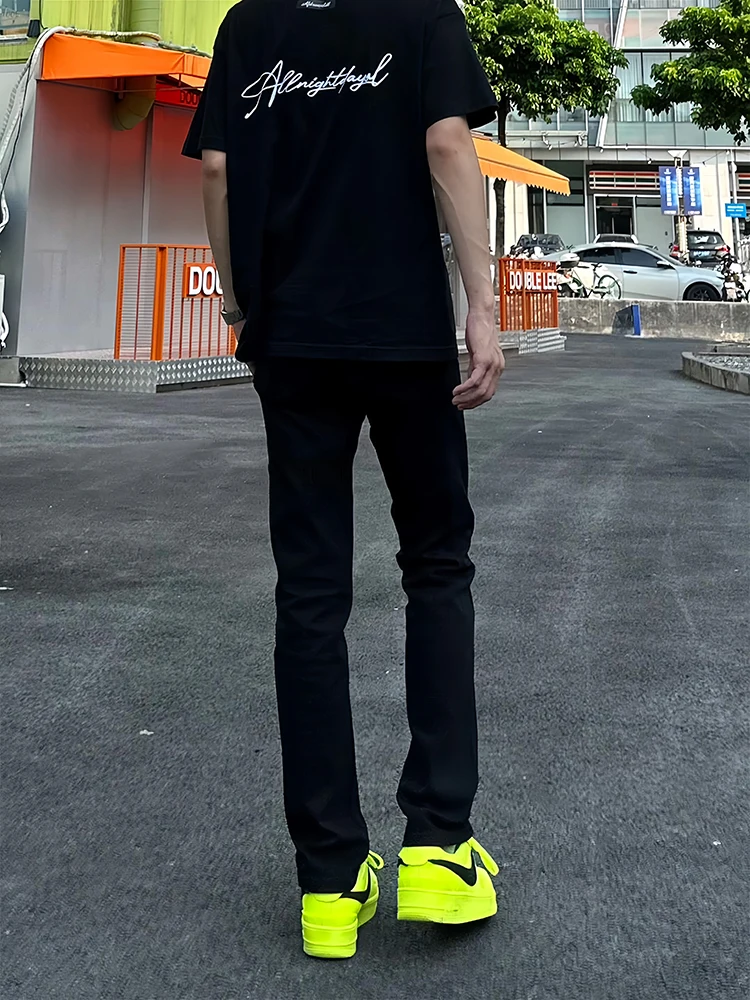 

Черные прямые джинсы Slim Fit для мужчин, летние, тонкие, в американском стиле High Street, брюки с изогнутым кроем, средней/высокой посадкой, молодежная мода
