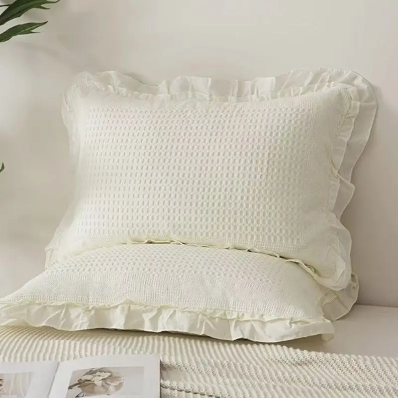 2Pcs Waffle Jacquard Pure Cotton Pillowcases Solid Color Lace Ruffle Pillow Cover Envelope Style Bedding Decorate Pillow Sham