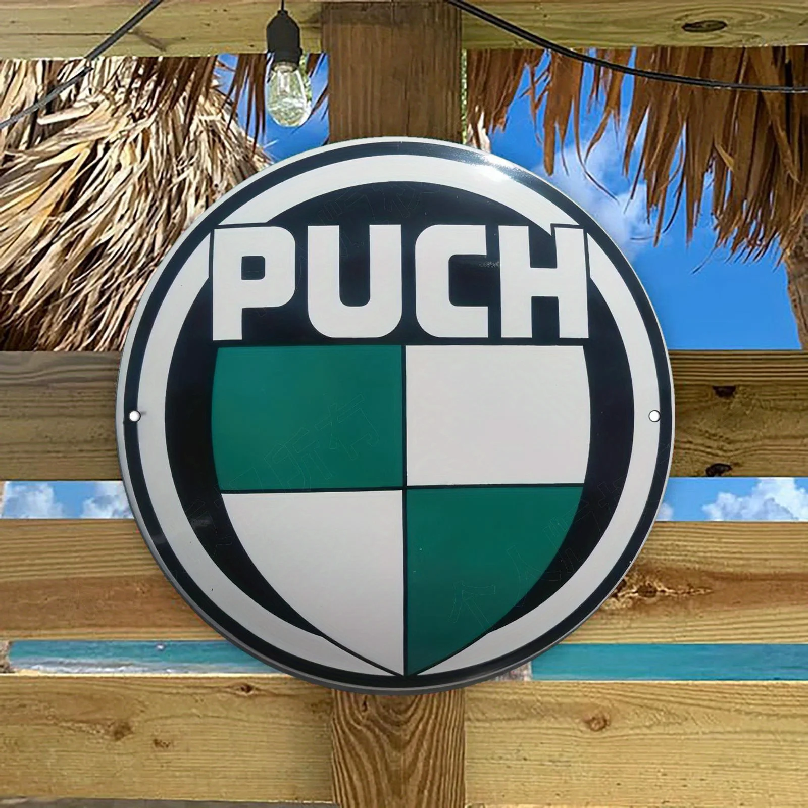 لافتة فنية جدارية معدنية من الألومنيوم مسطحة ثنائية الأبعاد - لوحة شعار دائرية قديمة مع خطوط خضراء وبيضاء، 20 × 20 سم / 7.87 بوصة، Wa #3