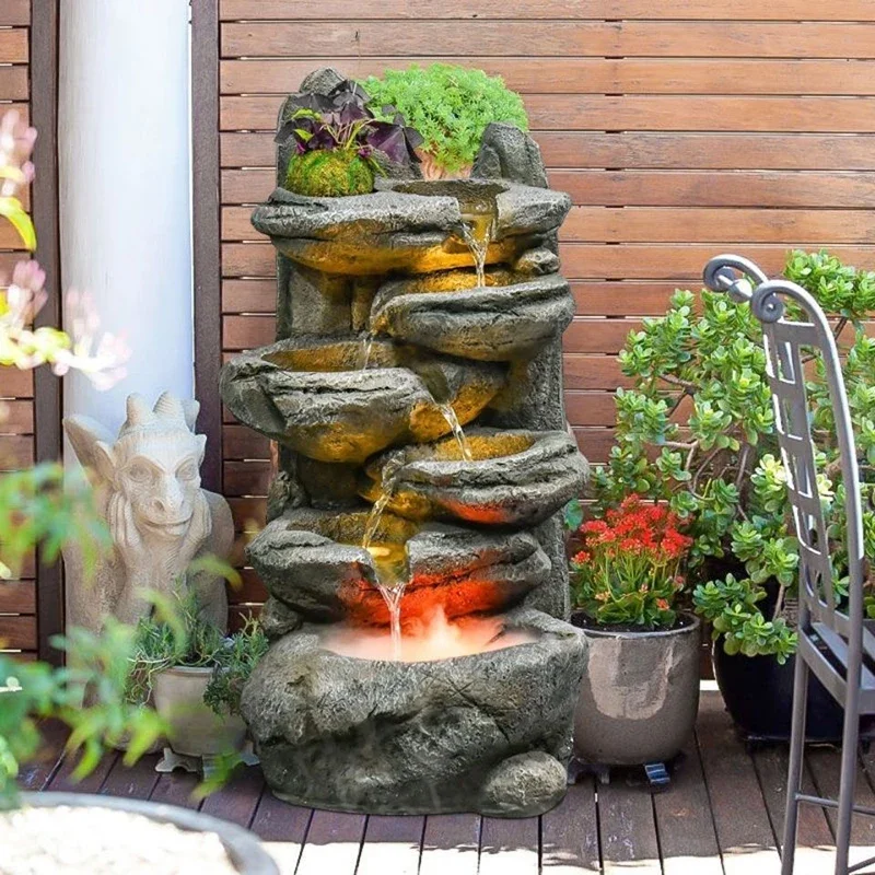 2026 Outdoor 4-tier Rock Water Fountain With Smoke Waterfall  Marble Fountain for Garden Decor