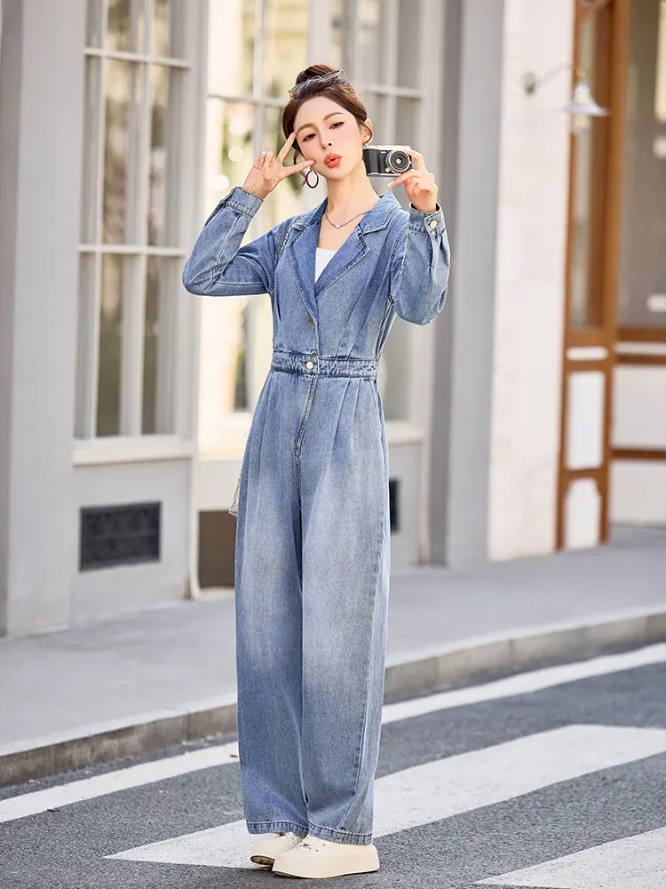 

Комплект джинсового комбинезона Sli Slimming для женщин: весна 2026, с высокой талией, широкими штанинами, воротником-стойкой, модный и красивый