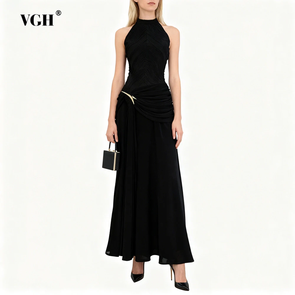 

VGH Slimming Folds Temperament Dresses For Women Round Neck Long Sleeve High Waist Summer Party Dress Female Fashion Style New