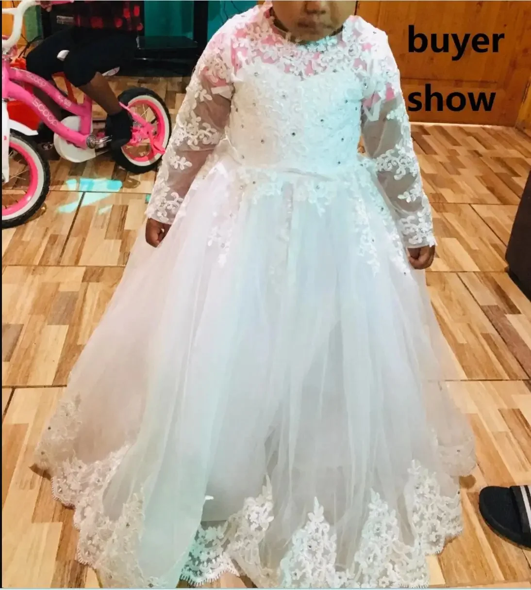 Girls Dress For Wedding Long Lace Sleeve With Bow Tulle Princess Kids Birthday Party First Communion Ball Gown Custom