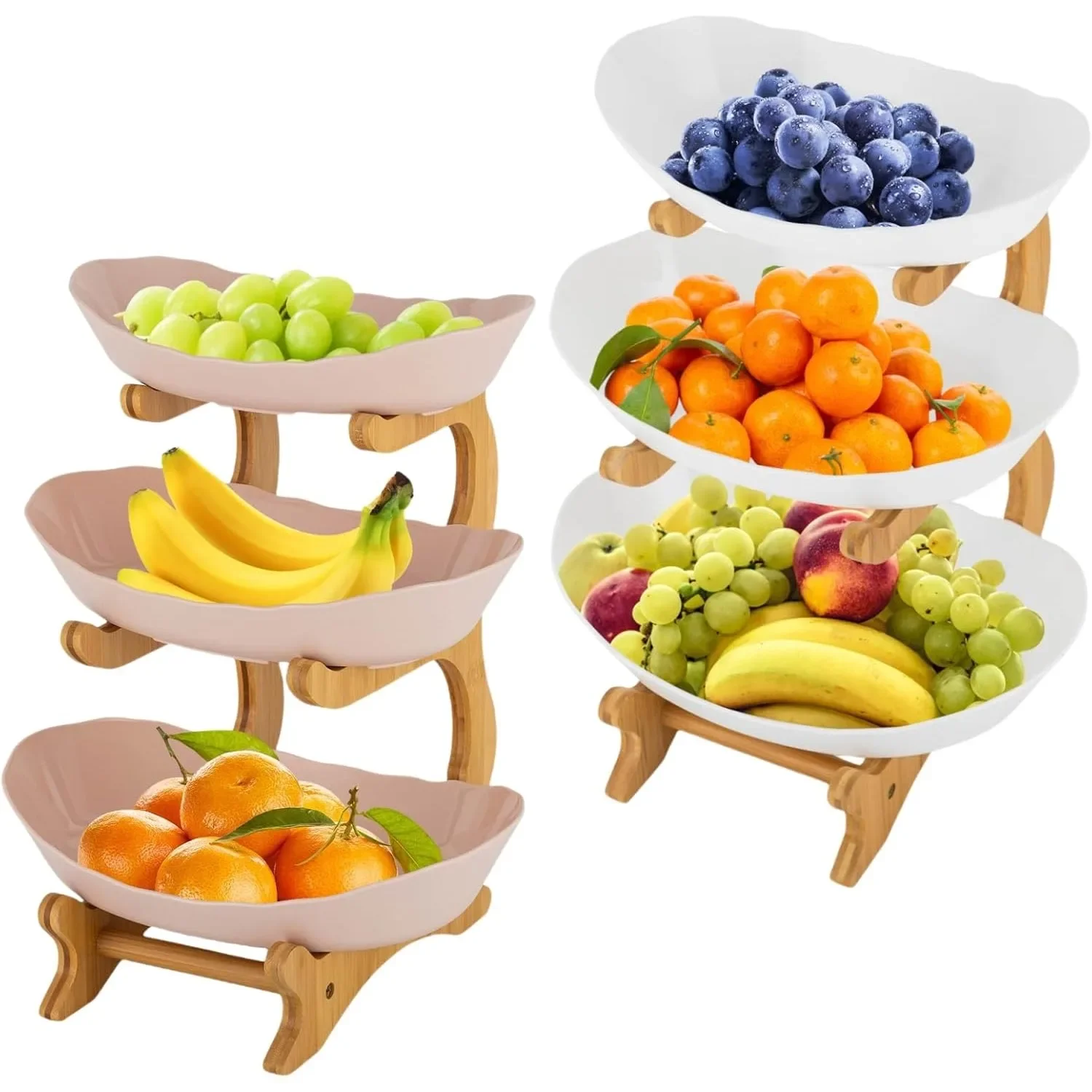 Fruit Bowls, 3-Tier Fruit Plate Oval Bamboo Wood Stand Fruit Basket Bamboo Stand Holder Snack Cake Stand