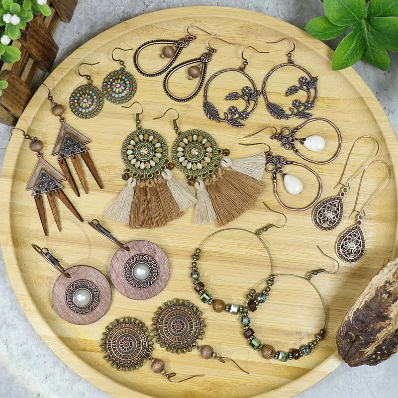 Vintage Ethnic Bohemian Drop Dangle Earrings For Women Wooden Tassel Pearl Beaded Geometric Leaf Flower Round Boho Earrings