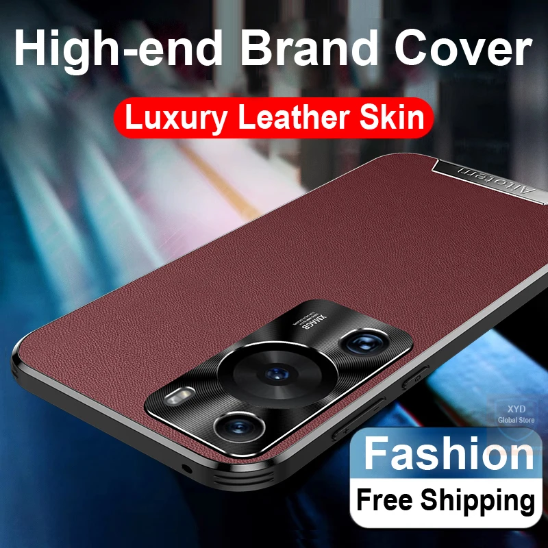 For Huawei P60 Pro Case Leather Skin Brand Phone Case For Huawei P60 Pro Cover Shell Bumper Bag High End Metal Lens